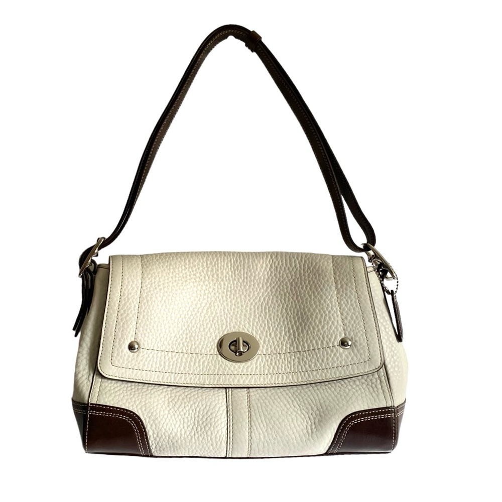 COACH White Pebbled Leather HAMILTON Flap Shoulder Bag F13957 Brown Trim Vintage